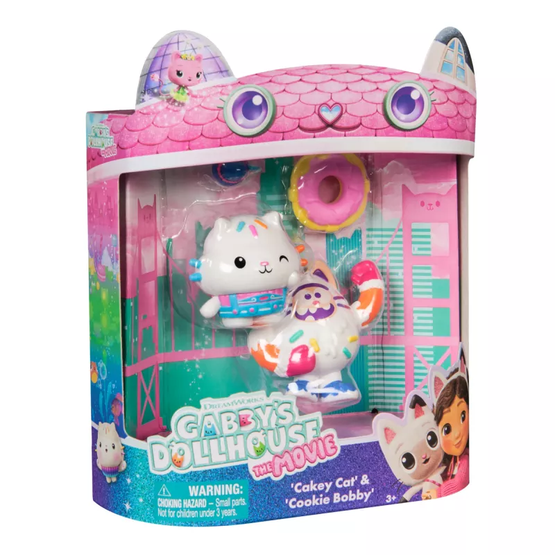 La casa de muñecas de Gabby: La película, Cakey Cat y Cookie Bobby, figuras con 2 accesorios, juguete infantil para niñas y niños a partir de 3 años