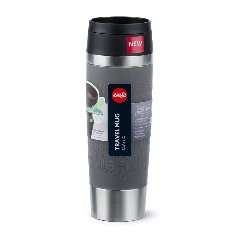 EMSA N2022300 Travel Mug Classic Grande taza térmica, 500 ml, acero inoxidable/PP/silicona, tapa Quick Press, gris