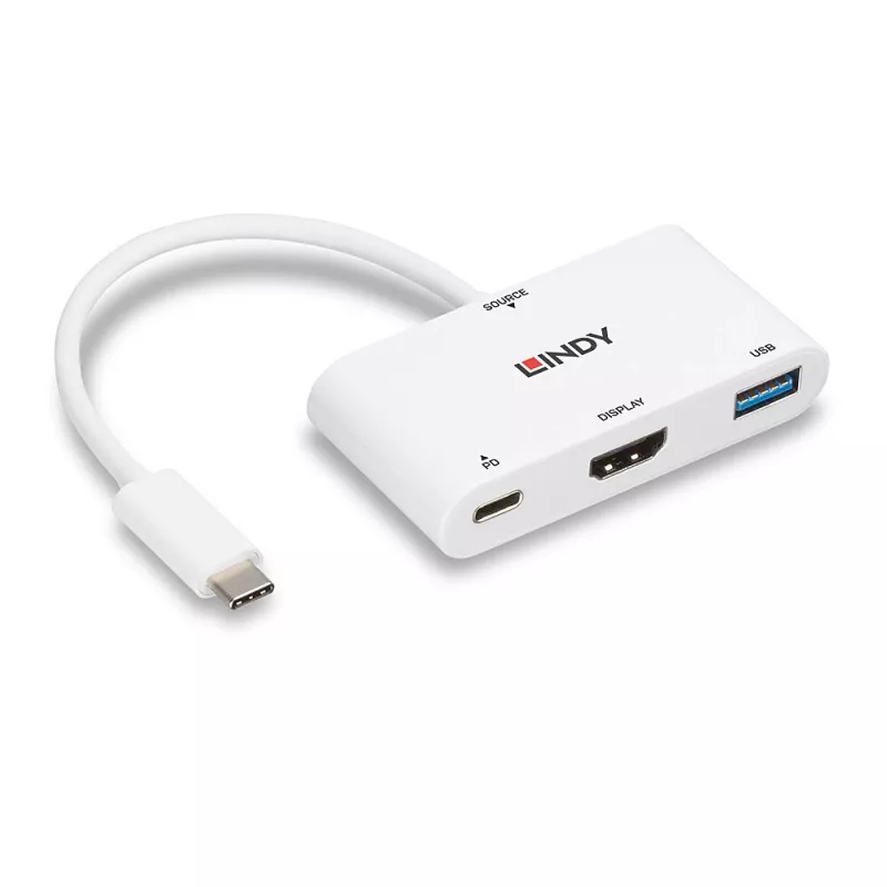 Convertidor Lindy USB 3.2 Type-C a HDMI con puerto USB Type-A y Power Delivery