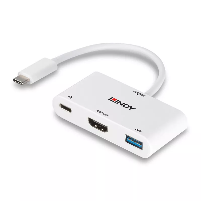 Convertidor Lindy USB 3.2 Type-C a HDMI con puerto USB Type-A y Power Delivery