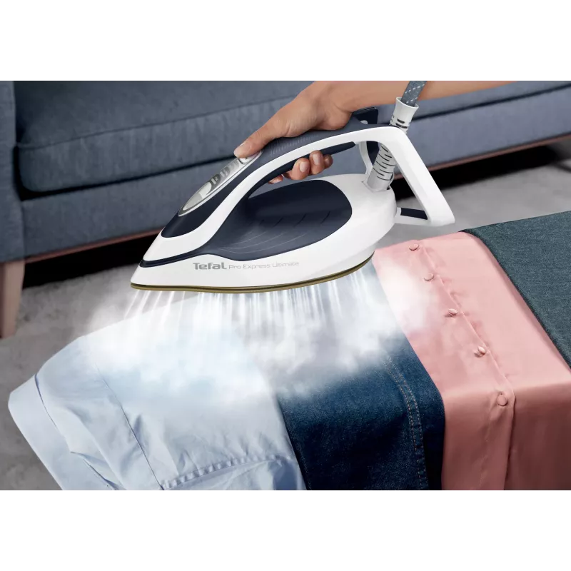 Tefal Pro Express Ultimate II GV9720 plancha con generador de vapor, 3000 W, 1,2 l, suela Durilium Airglide Autoclean Ultra Thin, azul/blanco