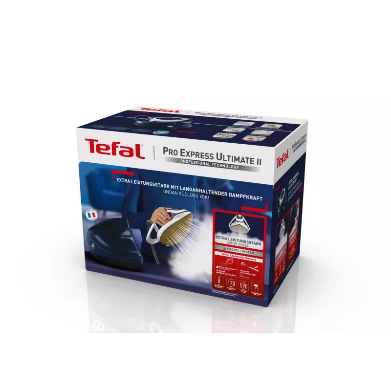 Tefal Pro Express Ultimate II GV9720 plancha con generador de vapor, 3000 W, 1,2 l, suela Durilium Airglide Autoclean Ultra Thin, azul/blanco