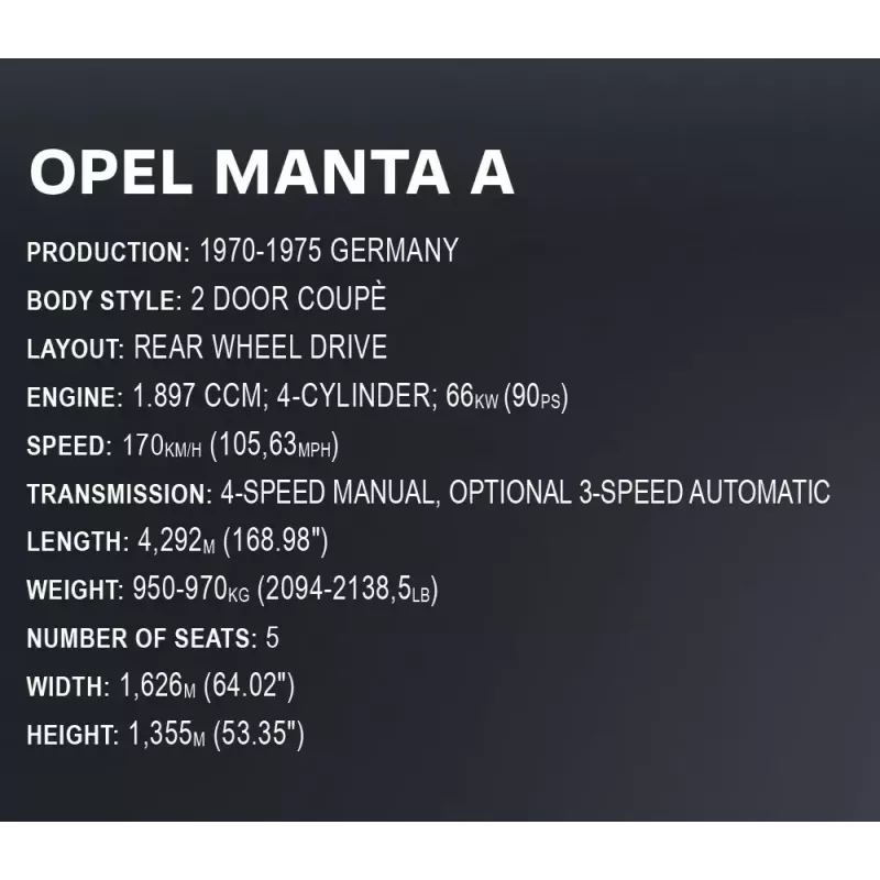 Juguete de construcción Cobi Opel Manta A 1970 modelo a escala 1:12, set de bloques
