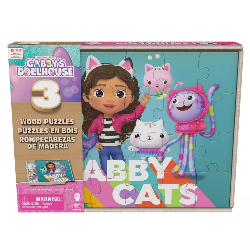 Juegos Gabby’s Dollhouse, 3 puzzles de madera puzzles de 24 piezas con caja de almacenamiento de madera puzzle infantil, para preescolares a partir de 3 años