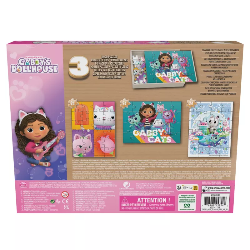 Juegos Gabby’s Dollhouse, 3 puzzles de madera puzzles de 24 piezas con caja de almacenamiento de madera puzzle infantil, para preescolares a partir de 3 años