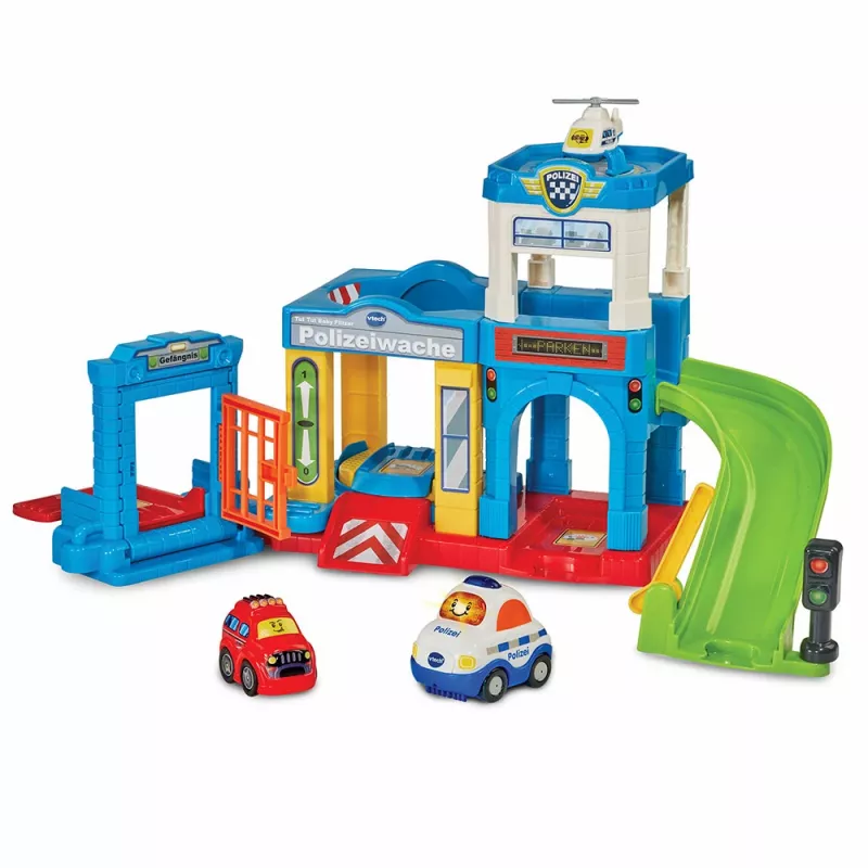 Set de juego VTech Tut Tut Baby Flitzer comisaría de policía 80-569904 con funciones interactivas y vehículos
