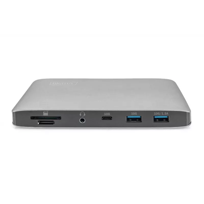 DIGITUS base de acoplamiento USB-C – 2x USB Type-C / 2x USB 3.0 10 Gbit/s / USB 3.0 5 Gbit/s / 2x DP / GbE / Micro-SD / SD / 3,5 mm – 60 W USB Power Delivery