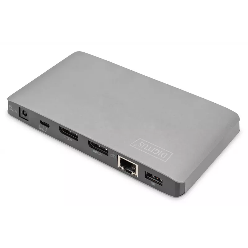DIGITUS base de acoplamiento USB-C – 2x USB Type-C / 2x USB 3.0 10 Gbit/s / USB 3.0 5 Gbit/s / 2x DP / GbE / Micro-SD / SD / 3,5 mm – 60 W USB Power Delivery
