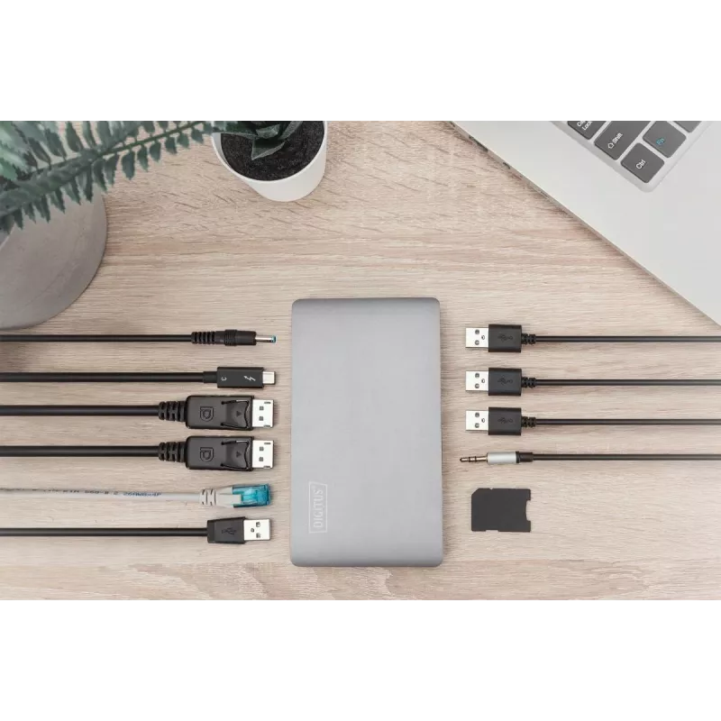 DIGITUS base de acoplamiento USB-C – 2x USB Type-C / 2x USB 3.0 10 Gbit/s / USB 3.0 5 Gbit/s / 2x DP / GbE / Micro-SD / SD / 3,5 mm – 60 W USB Power Delivery