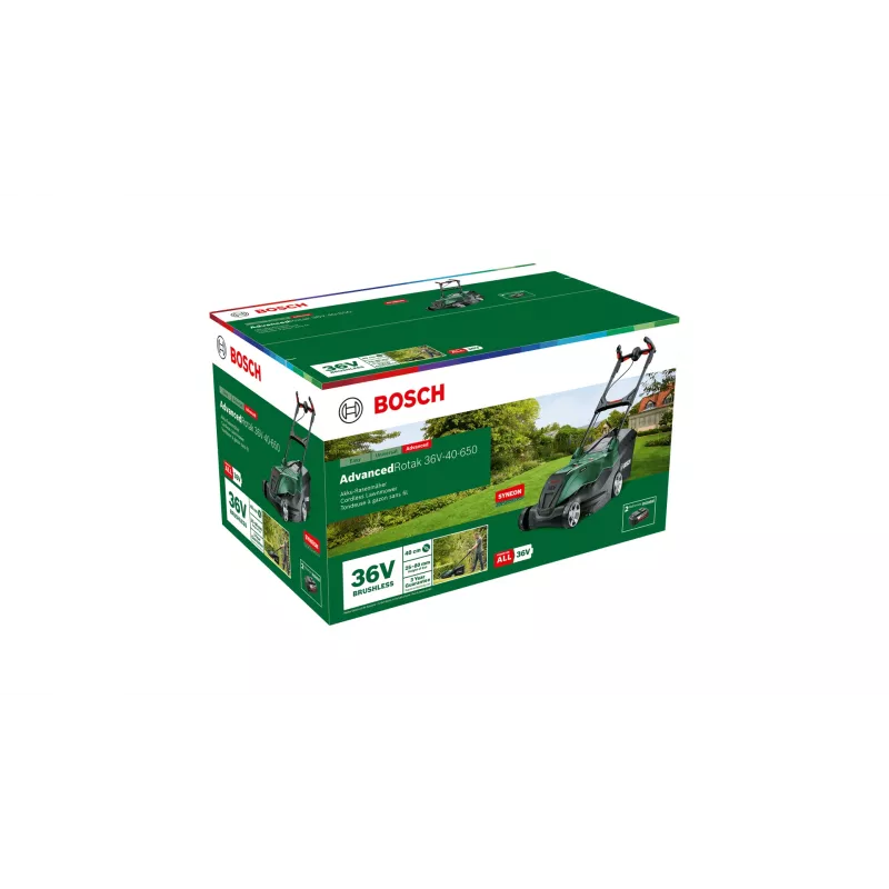 Cortacésped a batería Bosch AdvancedRotak 36V-40-650 con 36 V Power y 2 baterías de 4,0 Ah