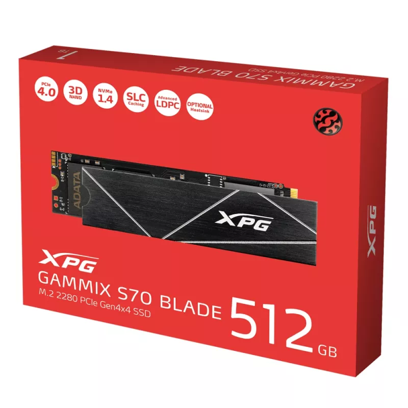 SSD M.2 512 GB ADATA XPG GAMMIX S70 BLADE — PCIe 4.0 NVMe, lectura 7400 MB/s, escritura 2600 MB/s