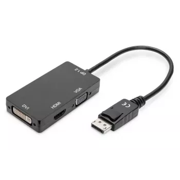 Cable adaptador DisplayPort DIGITUS ASSMANN, DP - HDMI+DVI+VGA M-F/F/F, 20 cm cable multimedia 3 en 1, CE, negro