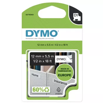 Etiquetas DYMO D1 de poliéster permanente de alto rendimiento | 12 mm x 5,5 m rollo | Impresión negra sobre blanco | Etiquetas autoadhesivas para impresoras de etiquetas LabelManager | Original