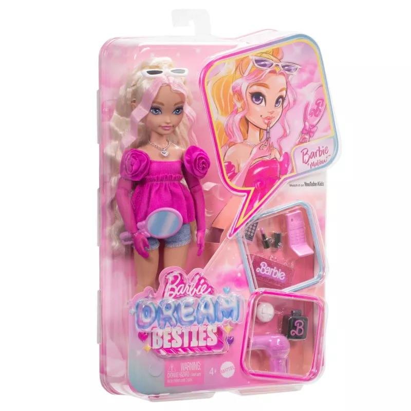 Muñeca de moda Barbie Dream Besties «Malibu» con 8 accesorios de maquillaje y pelo