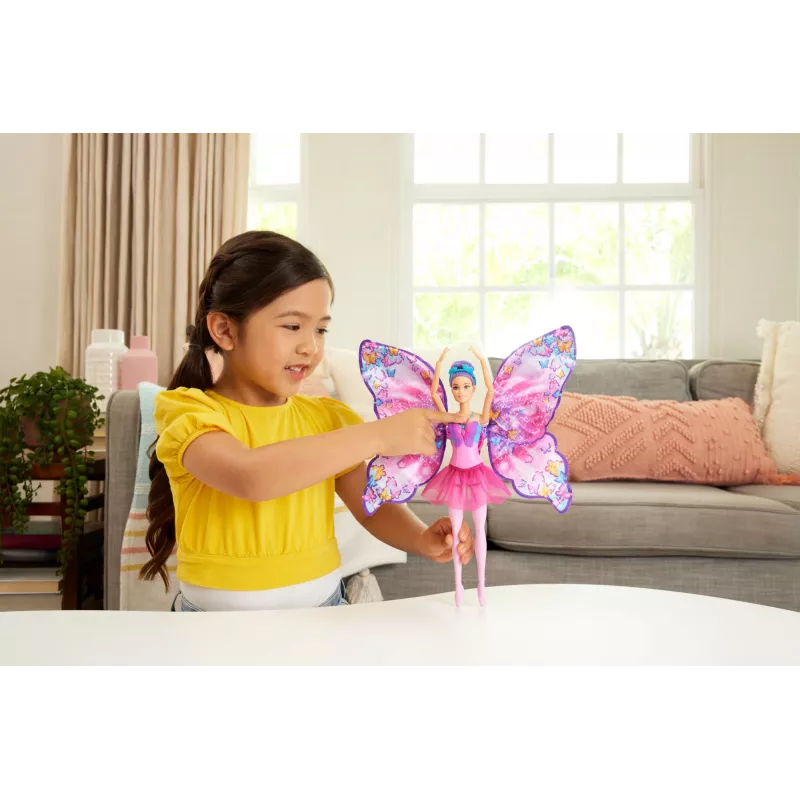 Muñeca Barbie Dance and Flutter con transformación 2 en 1 de bailarina a mariposa, pelo lila