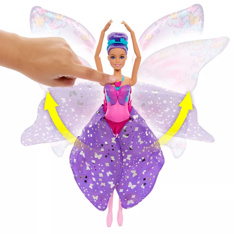 Muñeca Barbie Dance and Flutter con transformación 2 en 1 de bailarina a mariposa, pelo lila