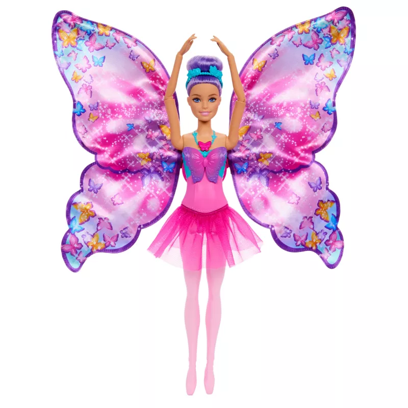 Muñeca Barbie Dance and Flutter con transformación 2 en 1 de bailarina a mariposa, pelo lila