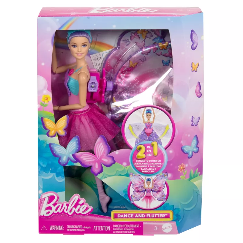 Muñeca Barbie Dance and Flutter con transformación 2 en 1 de bailarina a mariposa, pelo lila