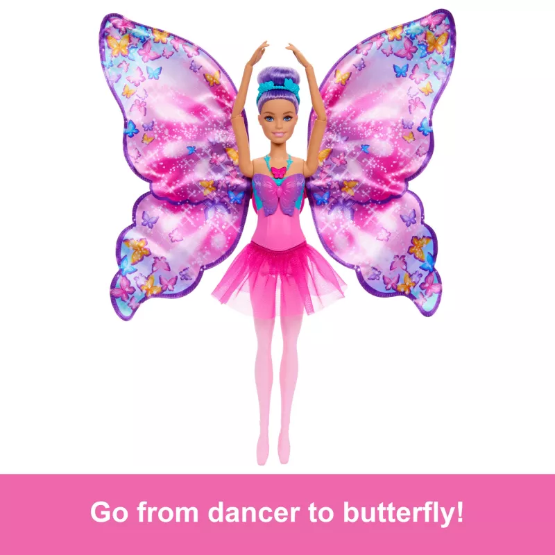 Muñeca Barbie Dance and Flutter con transformación 2 en 1 de bailarina a mariposa, pelo lila