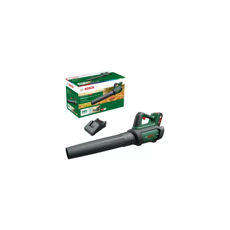 Bosch AdvancedLeafBlower 36V-750 soplador de hojas inalámbrico, 36 V, 1x 2,0 Ah, cargador, 750 m³/h, 100-200 km/h, sin escobillas, 3,5 kg, verde/negro