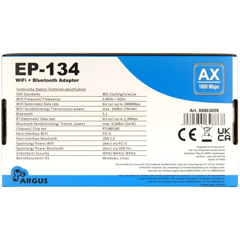 Inter-Tech Argus EP-134 adaptador interno WLAN y Bluetooth, 1800 Mbit/s