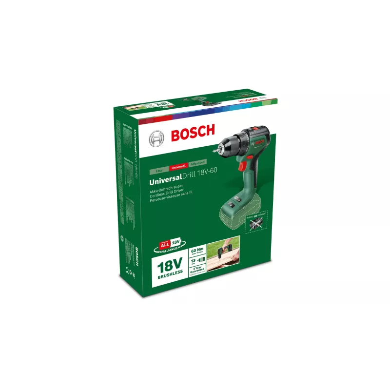 Bosch UniversalDrill 18V-60 taladro atornillador inalámbrico, 18 V, 60 Nm, 1900 rpm, 2 velocidades, sin batería, verde/negro