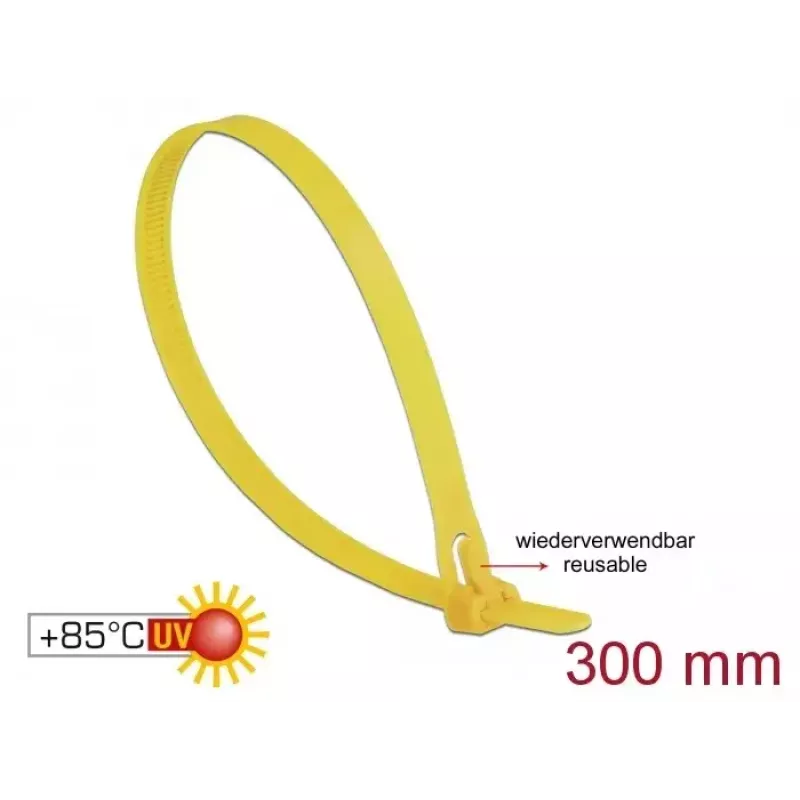 Brida de cable reutilizable DELOCK 18761 — Nylon, 300 mm x 7,6 mm, amarillo, 100 uds.