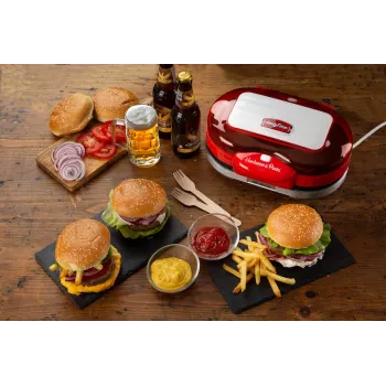 Ariete 205 Hamburger Maker Party Time, máquina de hamburguesas, 1200 W, placas dobles antiadherentes, 2 compartimentos, fácil de limpiar, rojo
