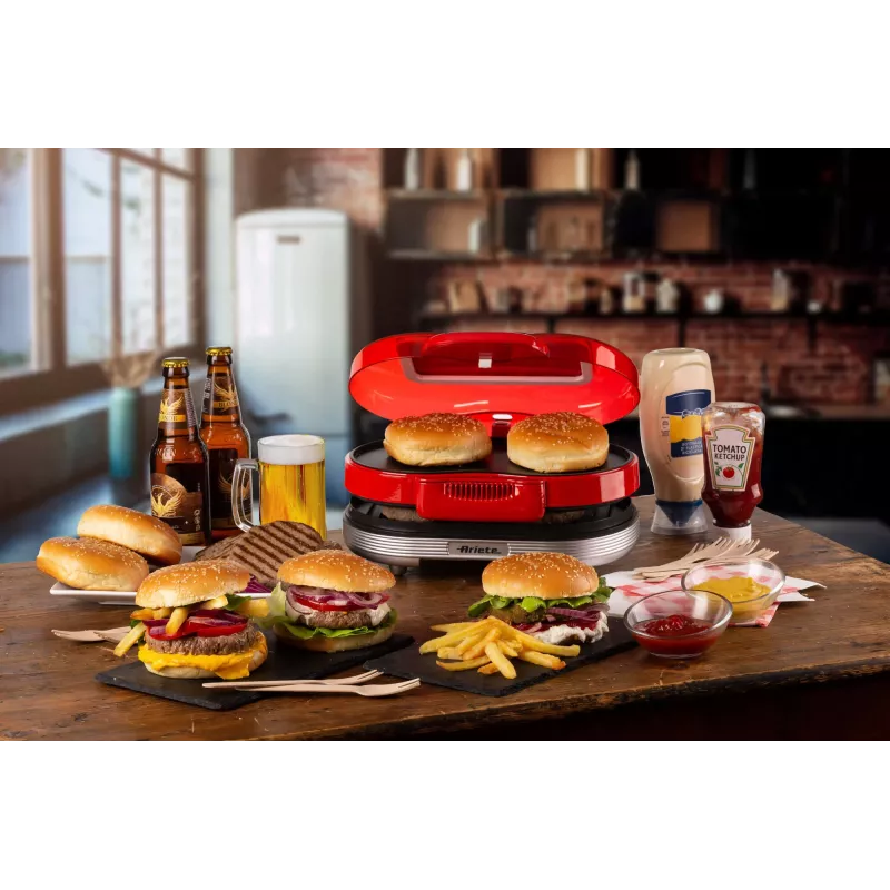 Ariete 205 Hamburger Maker Party Time, máquina de hamburguesas, 1200 W, placas dobles antiadherentes, 2 compartimentos, fácil de limpiar, rojo