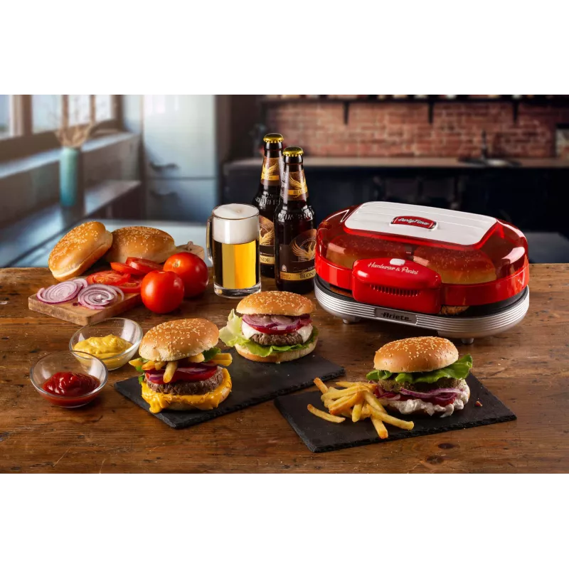 Ariete 205 Hamburger Maker Party Time, máquina de hamburguesas, 1200 W, placas dobles antiadherentes, 2 compartimentos, fácil de limpiar, rojo