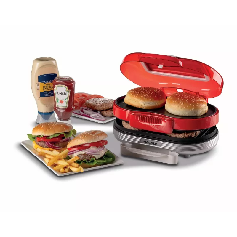 Ariete 205 Hamburger Maker Party Time, máquina de hamburguesas, 1200 W, placas dobles antiadherentes, 2 compartimentos, fácil de limpiar, rojo