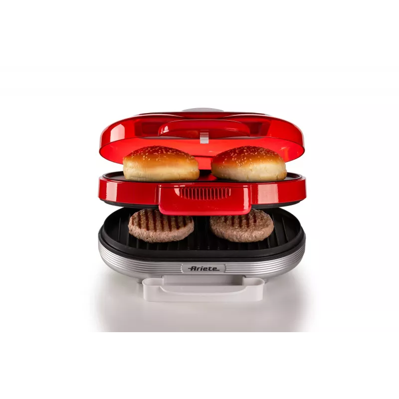 Ariete 205 Hamburger Maker Party Time, máquina de hamburguesas, 1200 W, placas dobles antiadherentes, 2 compartimentos, fácil de limpiar, rojo