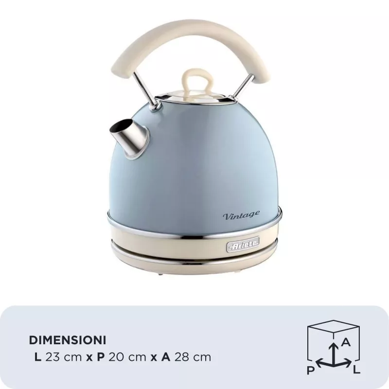Ariete 2877 hervidor de agua Vintage, 1,7 l, inalámbrico, azul, 1,7 l, 2000 W, azul claro, indicador de nivel de agua, inalámbrico, filtración