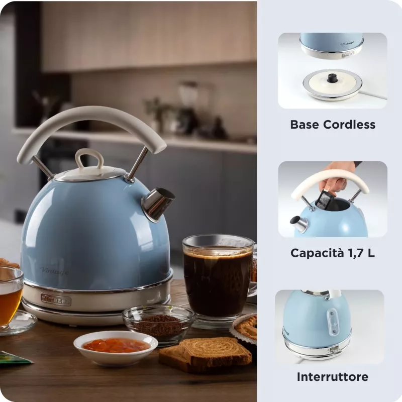Ariete 2877 hervidor de agua Vintage, 1,7 l, inalámbrico, azul, 1,7 l, 2000 W, azul claro, indicador de nivel de agua, inalámbrico, filtración