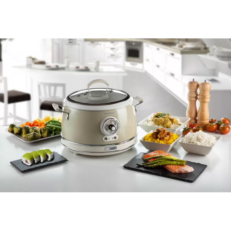 Ariete 2904 Olla arrocera – Olla arrocera eléctrica con cubeta de cerámica – Sushi casero – Multicocina – Vintage Line – 3,5 L – 650 W – Beige