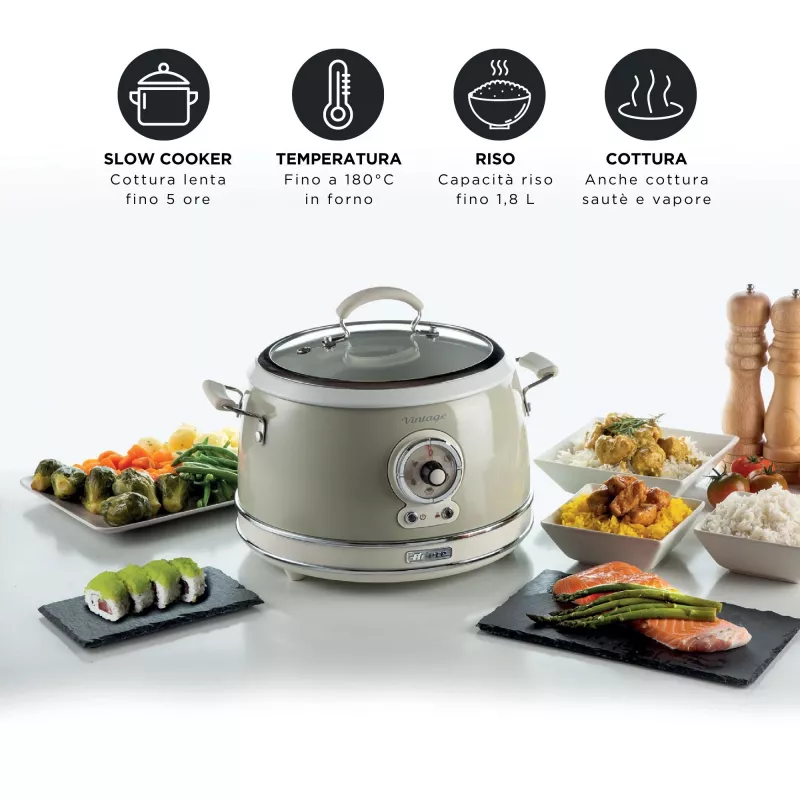 Ariete 2904 Olla arrocera – Olla arrocera eléctrica con cubeta de cerámica – Sushi casero – Multicocina – Vintage Line – 3,5 L – 650 W – Beige