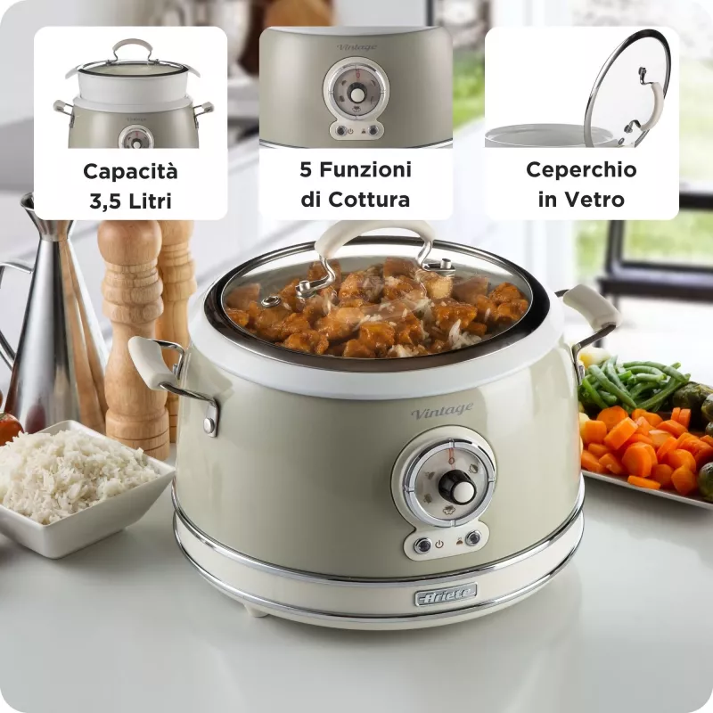 Ariete 2904 Olla arrocera – Olla arrocera eléctrica con cubeta de cerámica – Sushi casero – Multicocina – Vintage Line – 3,5 L – 650 W – Beige