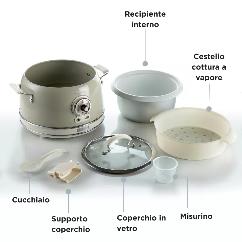 Ariete 2904 Olla arrocera – Olla arrocera eléctrica con cubeta de cerámica – Sushi casero – Multicocina – Vintage Line – 3,5 L – 650 W – Beige