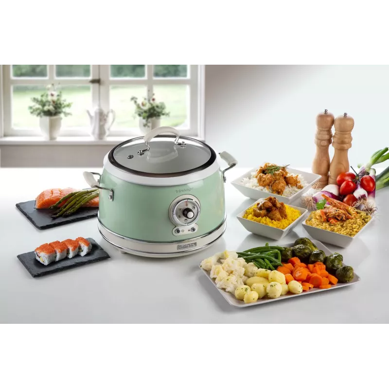 Ariete 2904 Olla arrocera – Olla arrocera eléctrica con cubeta de cerámica – Sushi casero – Multicocina – Vintage Line – 3,5 L – 650 W – Verde