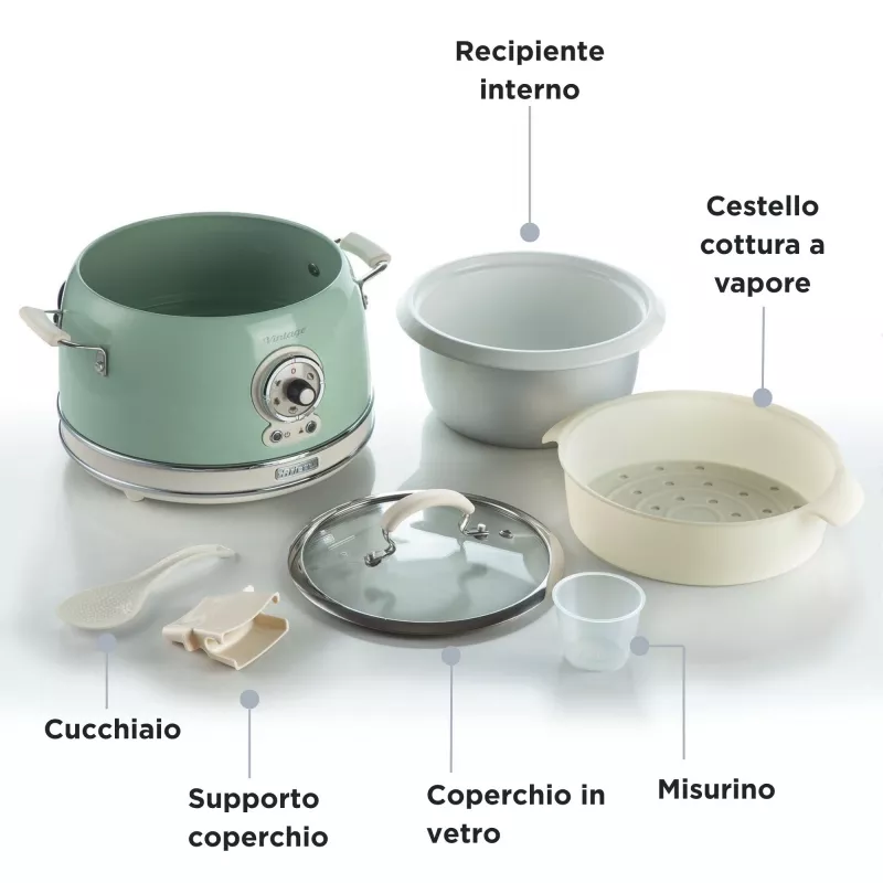 Ariete 2904 Olla arrocera – Olla arrocera eléctrica con cubeta de cerámica – Sushi casero – Multicocina – Vintage Line – 3,5 L – 650 W – Verde