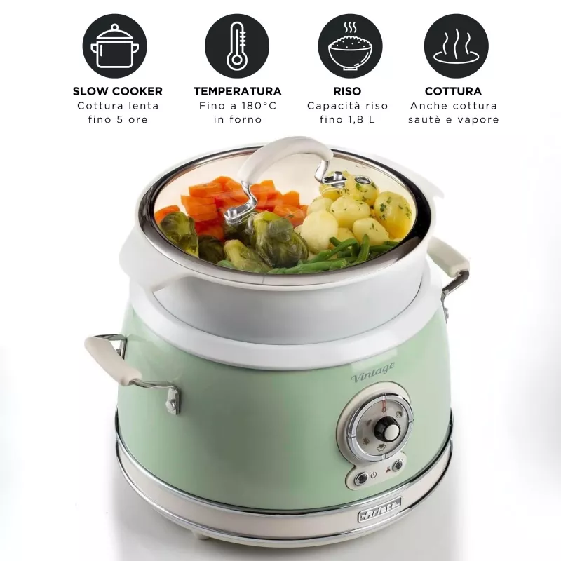 Ariete 2904 Olla arrocera – Olla arrocera eléctrica con cubeta de cerámica – Sushi casero – Multicocina – Vintage Line – 3,5 L – 650 W – Verde