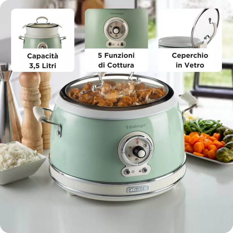 Ariete 2904 Olla arrocera – Olla arrocera eléctrica con cubeta de cerámica – Sushi casero – Multicocina – Vintage Line – 3,5 L – 650 W – Verde