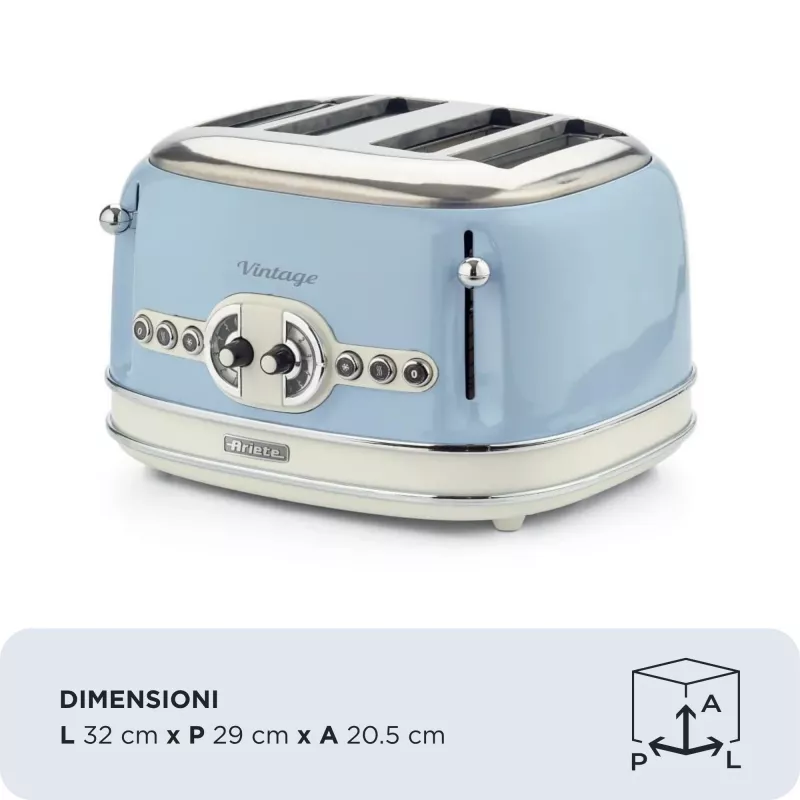Tostadora Ariete 156 4 rebanadas Vintage, 1600 W, 6 niveles de tostado, acero inoxidable lacado en azul pastel, sin cestas para sándwich. Azul