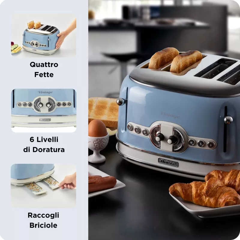 Tostadora Ariete 156 4 rebanadas Vintage, 1600 W, 6 niveles de tostado, acero inoxidable lacado en azul pastel, sin cestas para sándwich. Azul
