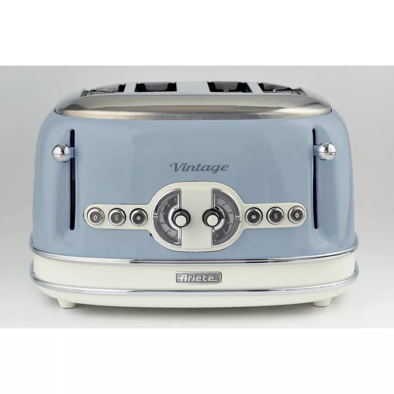 Tostadora Ariete 156 4 rebanadas Vintage, 1600 W, 6 niveles de tostado, acero inoxidable lacado en azul pastel, sin cestas para sándwich. Azul