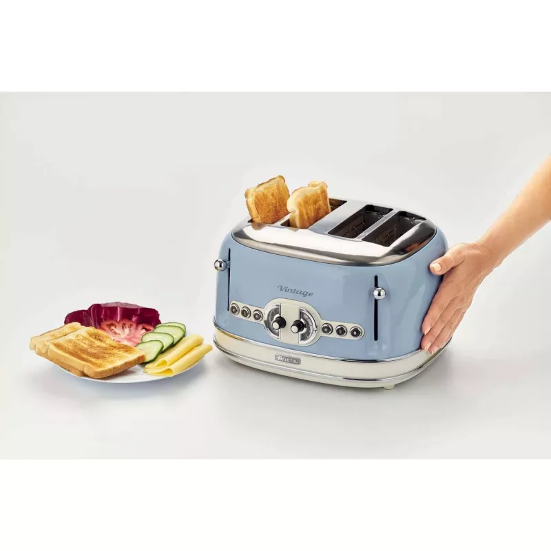Tostadora Ariete 156 4 rebanadas Vintage, 1600 W, 6 niveles de tostado, acero inoxidable lacado en azul pastel, sin cestas para sándwich. Azul
