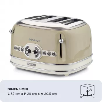 Tostadora Ariete 156 4 rebanadas Vintage, 1600 W, 6 niveles de tostado, acero inoxidable lacado en beige pastel, sin pinzas para sándwich