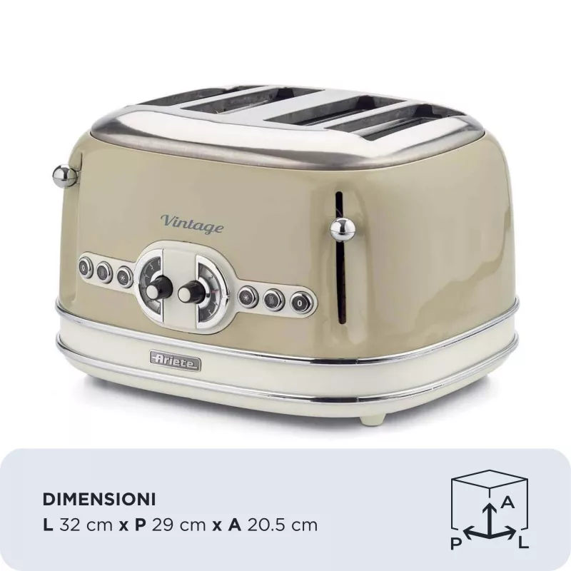 Tostadora Ariete 156 4 rebanadas Vintage, 1600 W, 6 niveles de tostado, acero inoxidable lacado en beige pastel, sin pinzas para sándwich