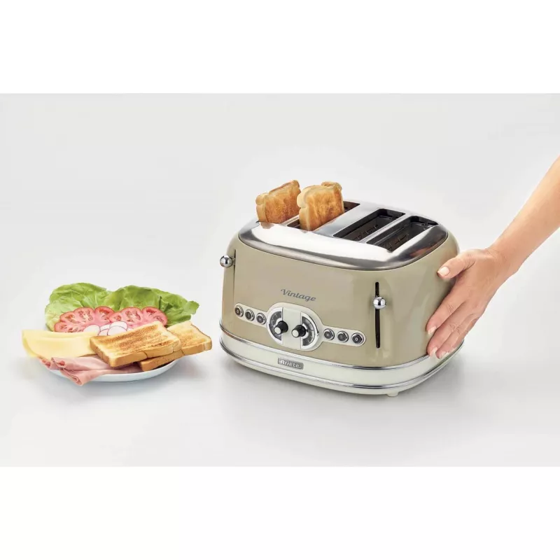Tostadora Ariete 156 4 rebanadas Vintage, 1600 W, 6 niveles de tostado, acero inoxidable lacado en beige pastel, sin pinzas para sándwich