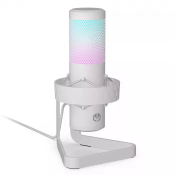 Micrófono para PC ENDORFY AXIS Streaming White — USB, cardioide, 30–18 kHz, 192 kHz/24 bits, soporte de mesa, silenciamiento, salida de auriculares